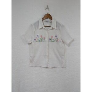 Alfred Dunner Petites Women's Blouse Button Up Embroidered Flowers  Textured 16P